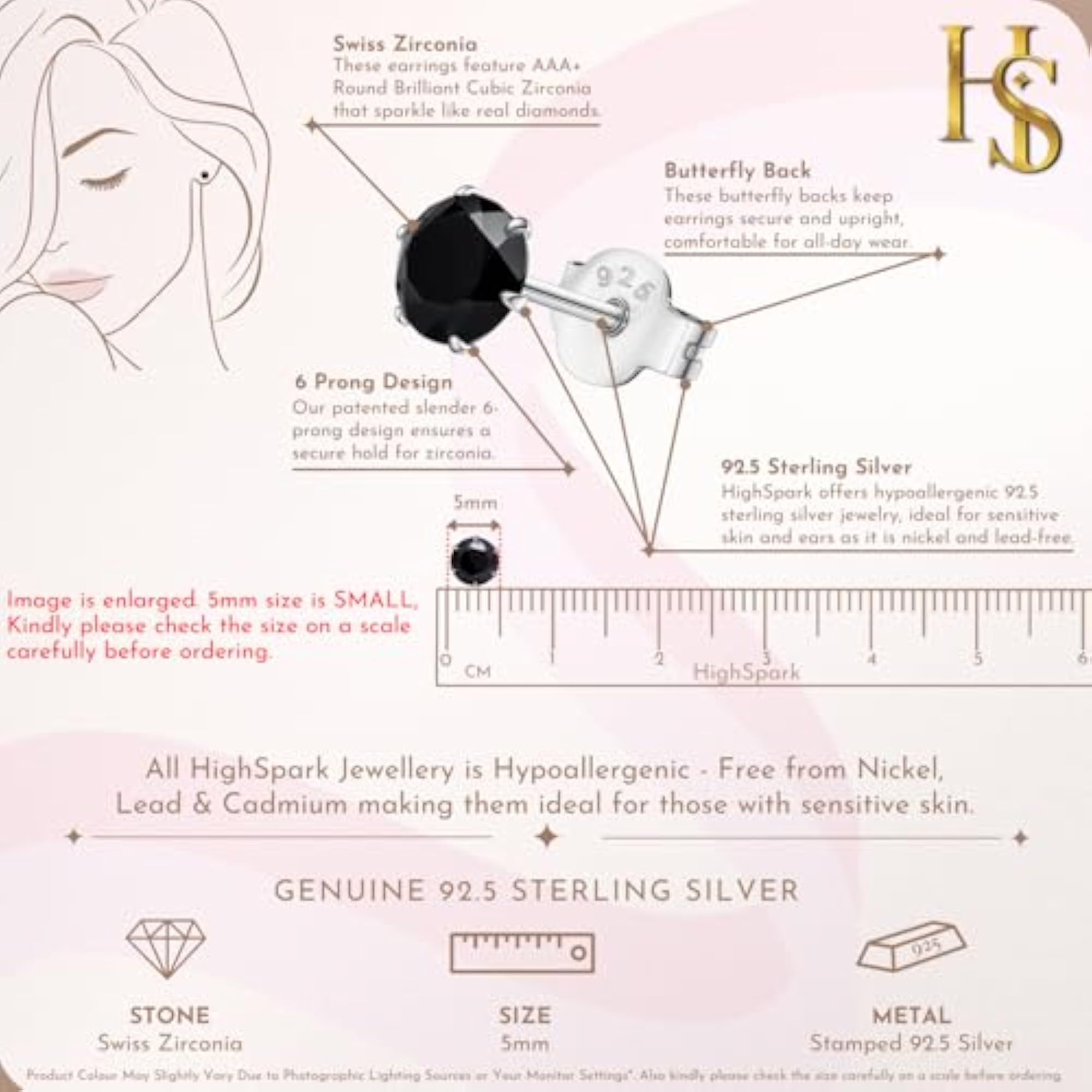 925 Silver Solitaire Black Stud Earrings